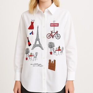 Embroidery Paris Cotton Button Down Top